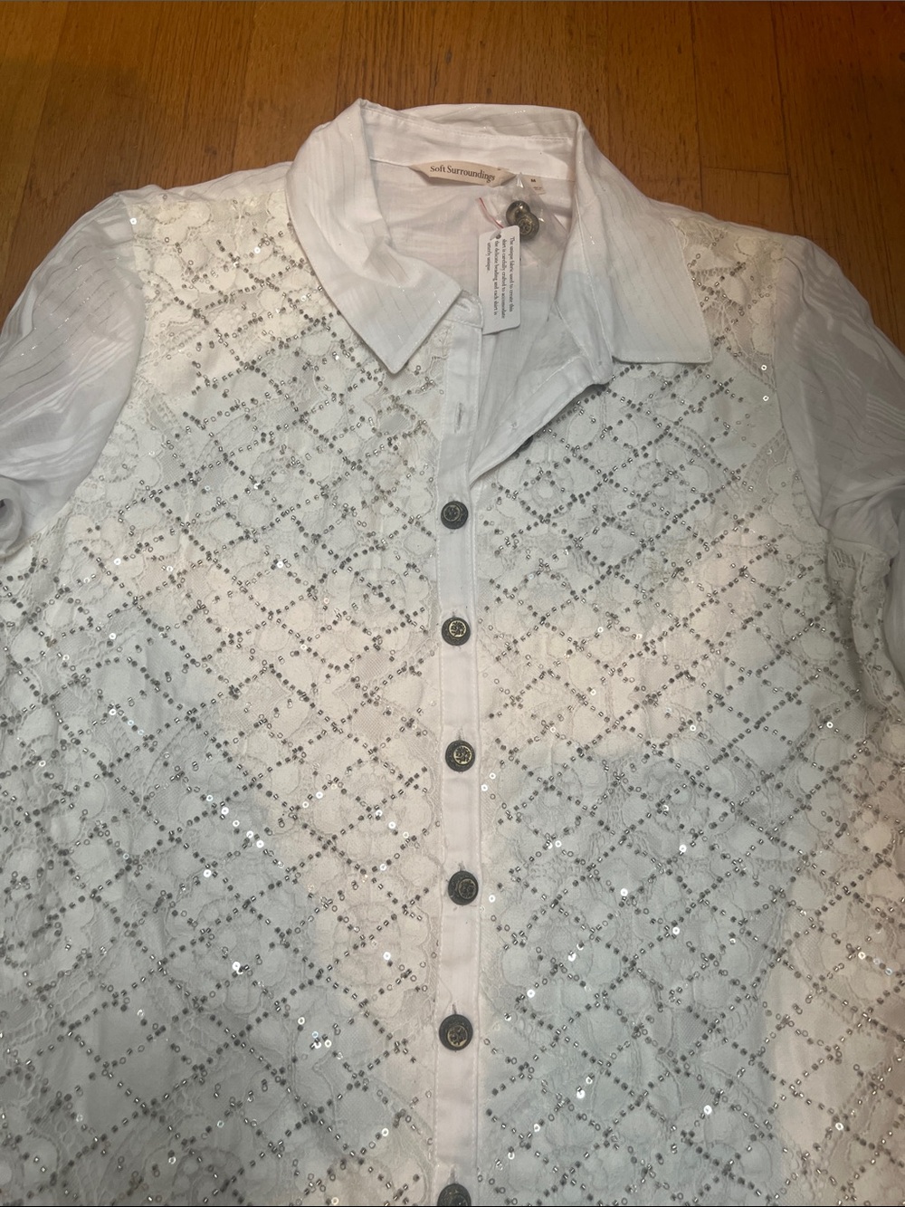 Soft Surroundings White Sequin Lace Button-Down Shirt